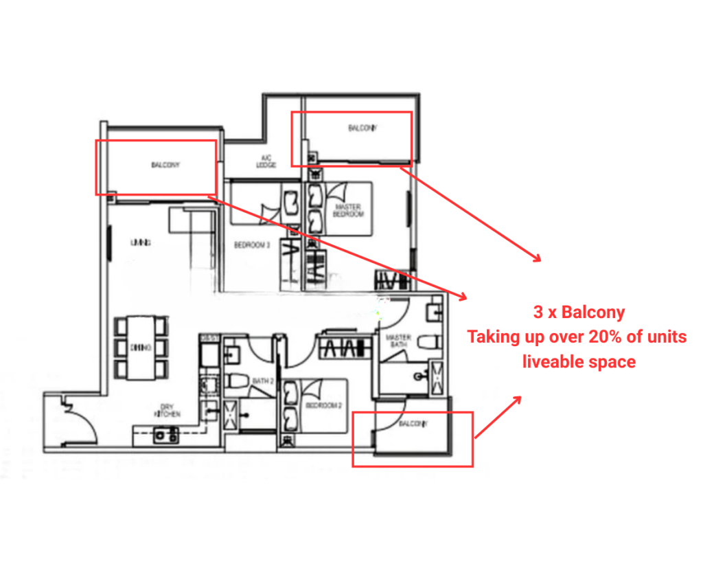 Sant Ritz 3 Bedroom floor plan with multiple balconies